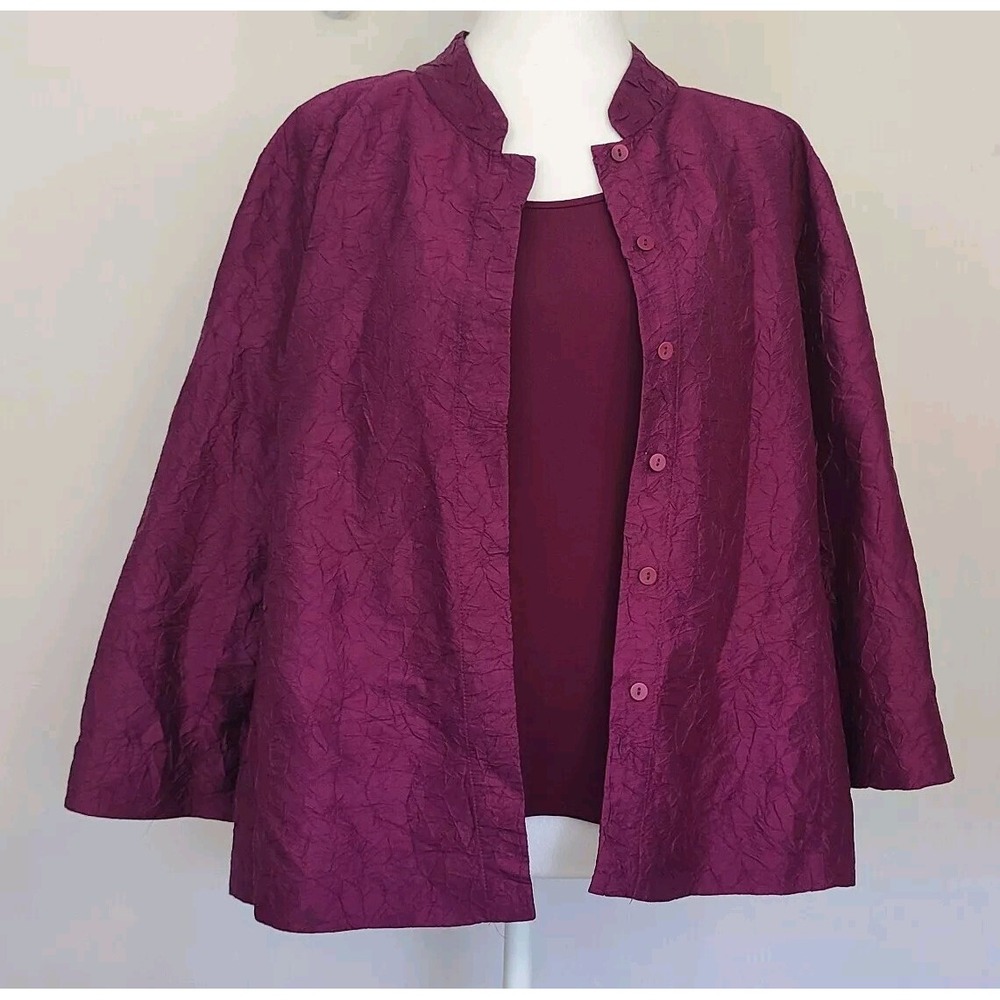 Eileen Fisher 2 Pc Set Ripple  Silk Jacket L & Top M Burgundy Lagenlook